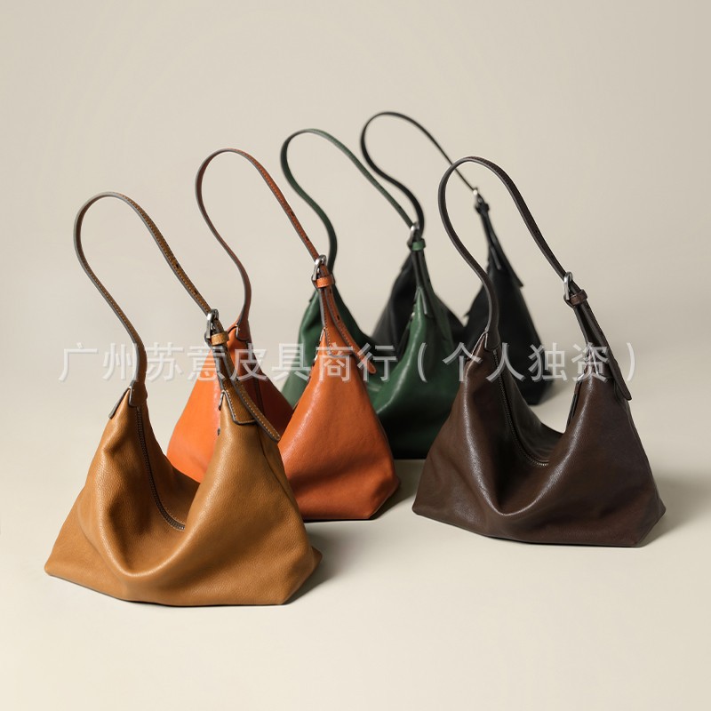 裘真植鞣牛皮腋下经典hobo包百搭休闲单肩斜挎通勤包真皮饺子包女