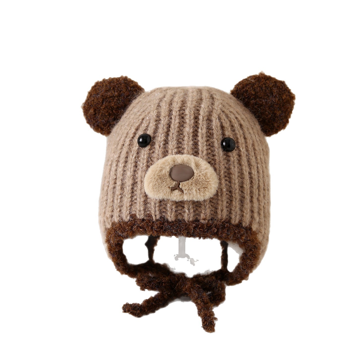 宝宝毛线帽冬季儿童针织帽男女童卡通护耳帽加厚防风帽可爱小熊帽白底实物图