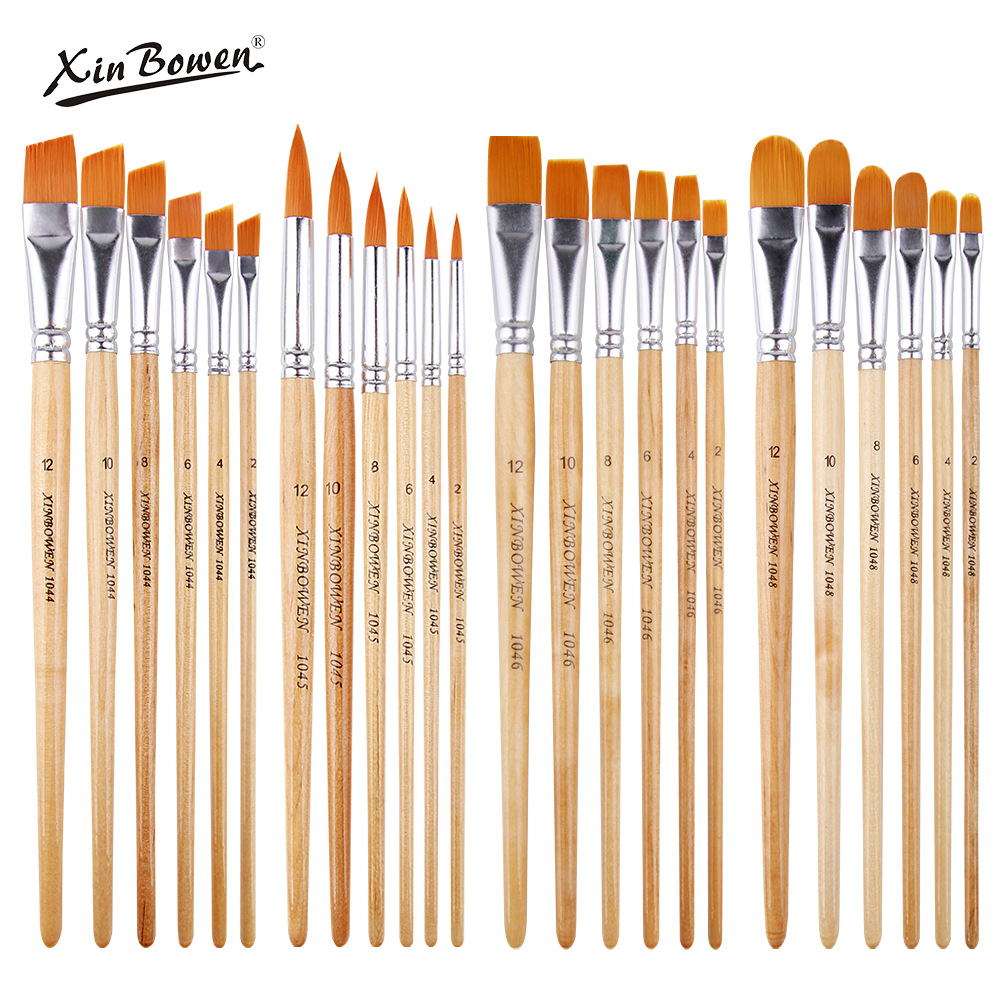 欣博文6支原木杆尼龙毛画笔套装丙烯颜料笔刷初学者水彩调色涂鸦绘画笔