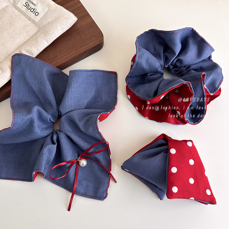 Fairy-tale-like red and blue contrasting hair bands, denim blue and red polka dot double-sided hair accessories, sweet and niche school-style hair accessories