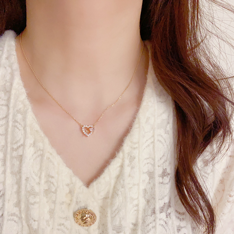 韩式高级感微镶满钻超闪粉色镂空爱心项链女甜美气质锁骨链项饰品