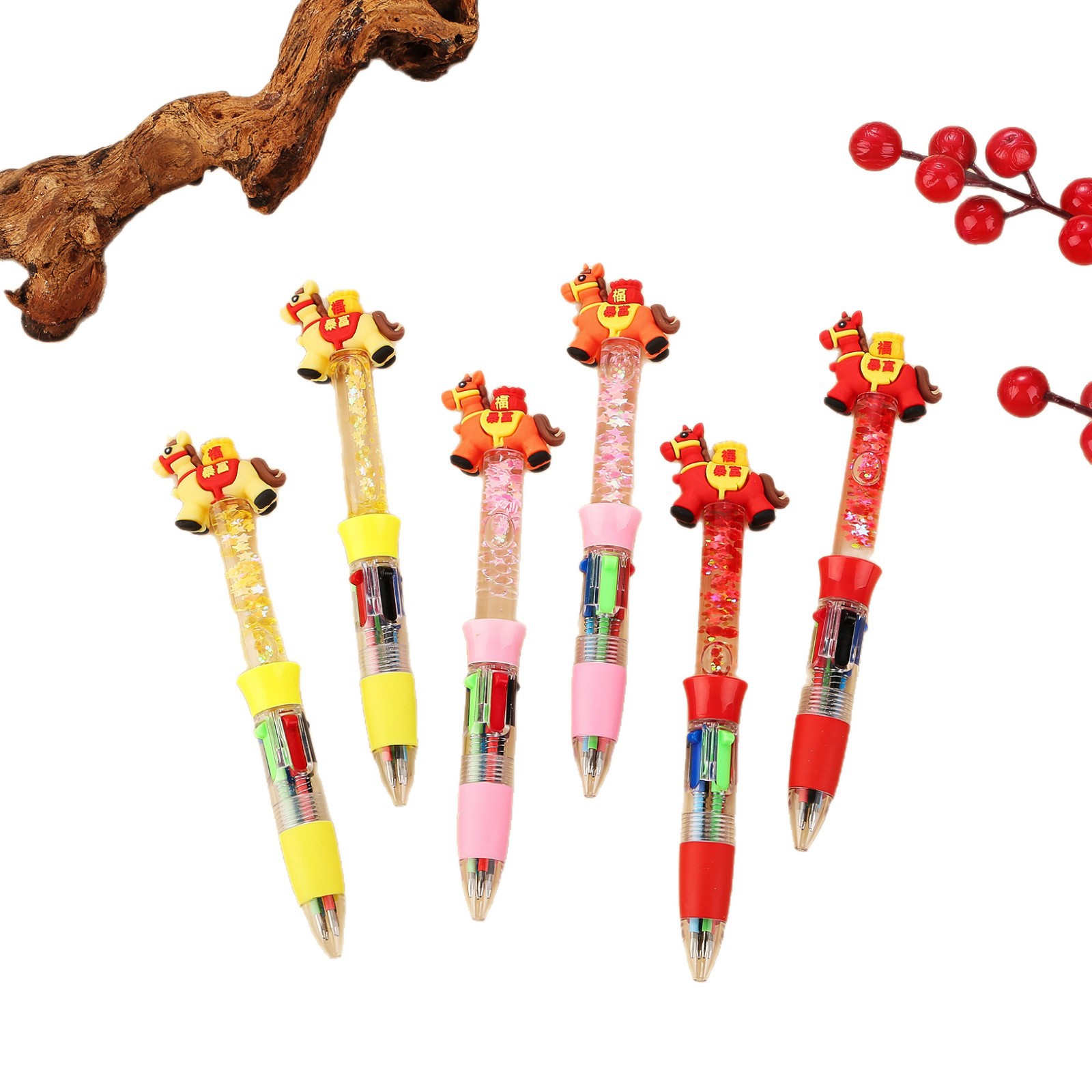 Cartoon high appearance level Little Horse Mini four-color Ballpoint pen, cute and portable 4-color student planner multi-color ballpoint pen Item Picture