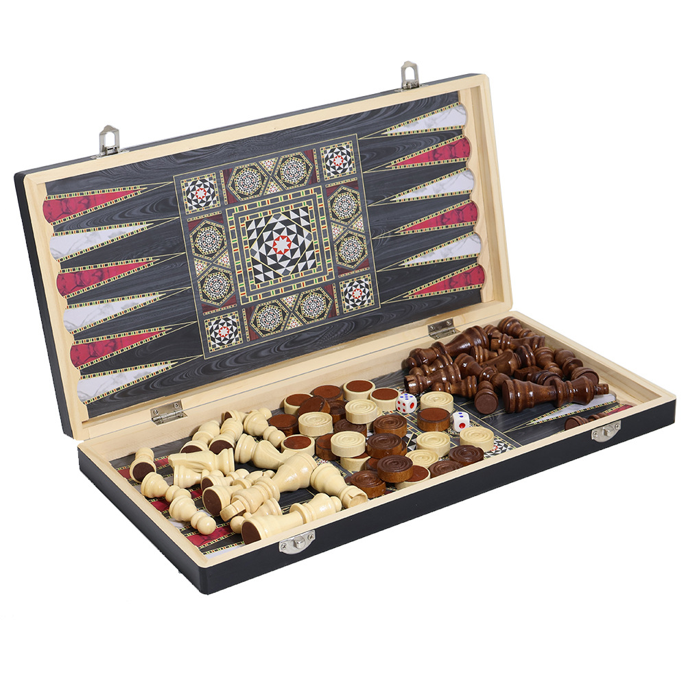 Wholesale of international chess casual entertainment chessboard with dark wooden patterns, three-in-one, high-end feel, portable folding, and for export details Picture