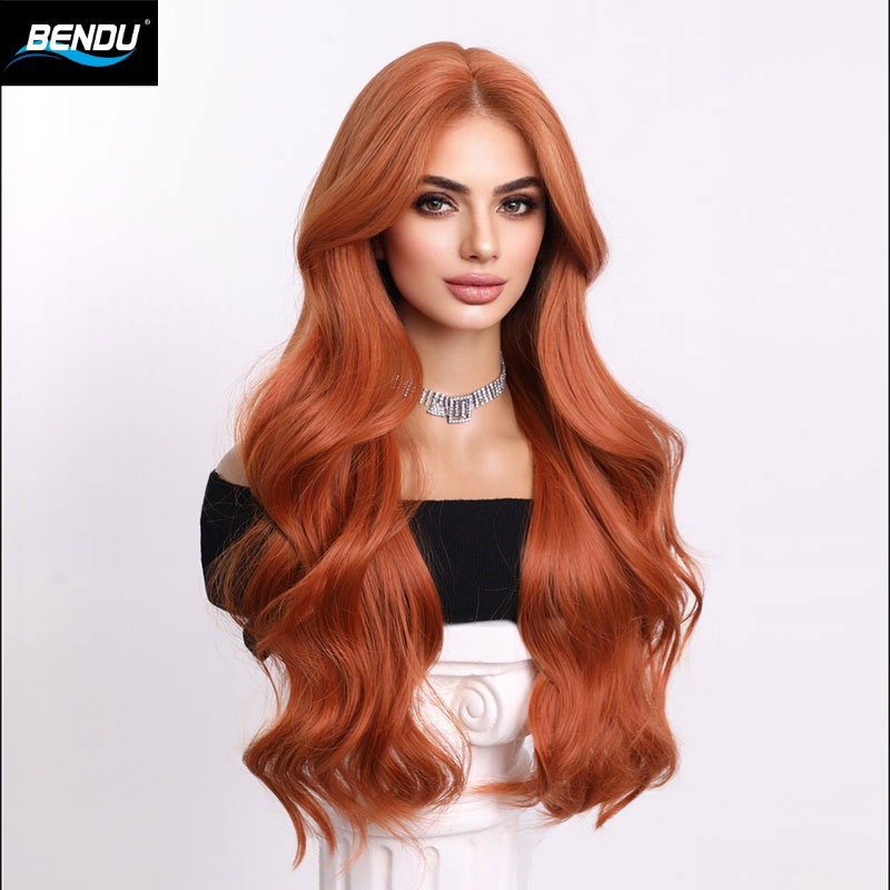 New wig for women, bright orange large wavy long hair, mid-parted chemical fiber wig, wholesale in Yiwu, long curly hair Specification image