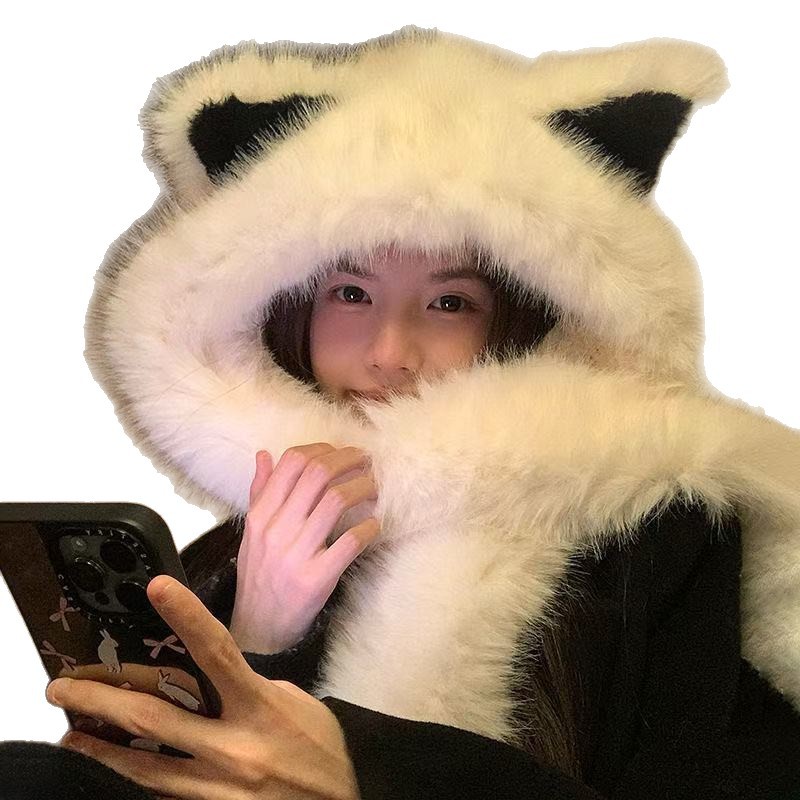 一件代发加厚毛绒绒狐狸耳朵帽子围巾一体秋冬季防寒保暖雷锋帽护颈显脸小地摊批发白底实物图