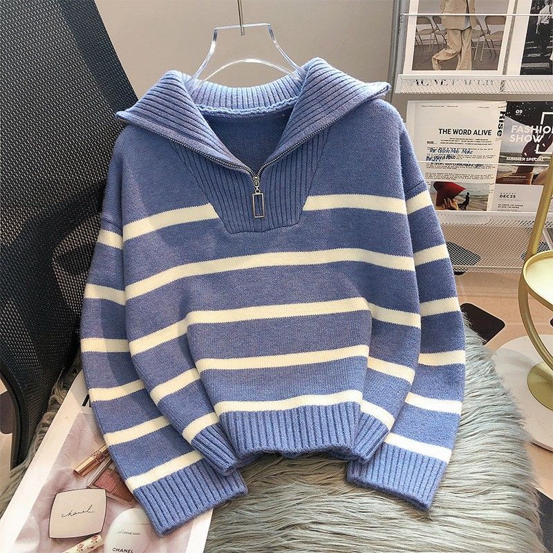 Korean loose striped high-neck base knitted sweater for women, a versatile sweater for women in autumn and winter details Picture