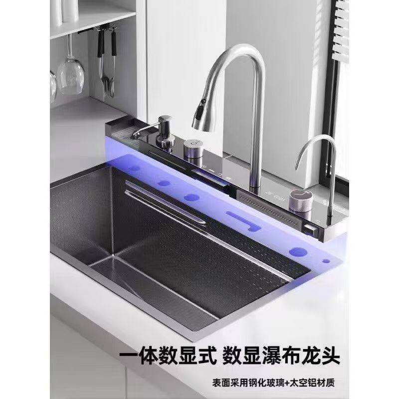 Whale Rain Waterfall Kitchen sink, Large single-slot digital display sink, single-slot Nano 304 stainless steel sink details Picture