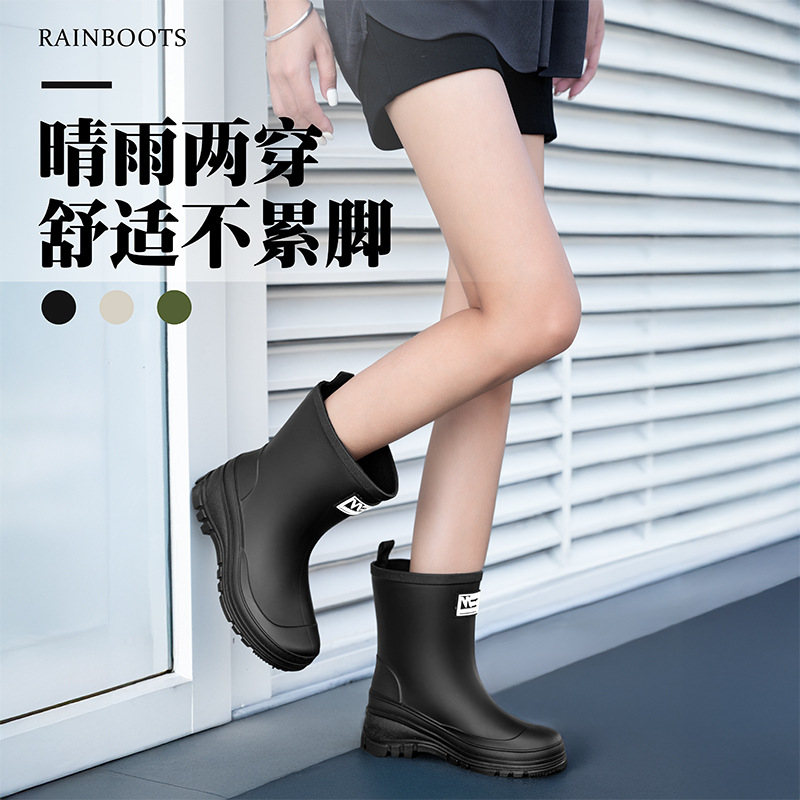跨境中筒雨鞋女款厚底束口雨靴户外防滑涉水胶鞋露营赶海时尚水靴