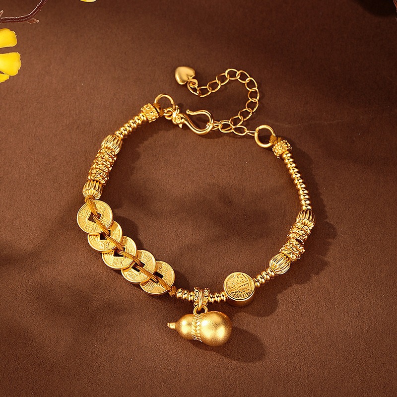 Retro Five Emperors Coin sand gold bracelet, new Chinese-style fashionable money gourd pendant, coiled, light luxury and high-end feel bracelet full figure
