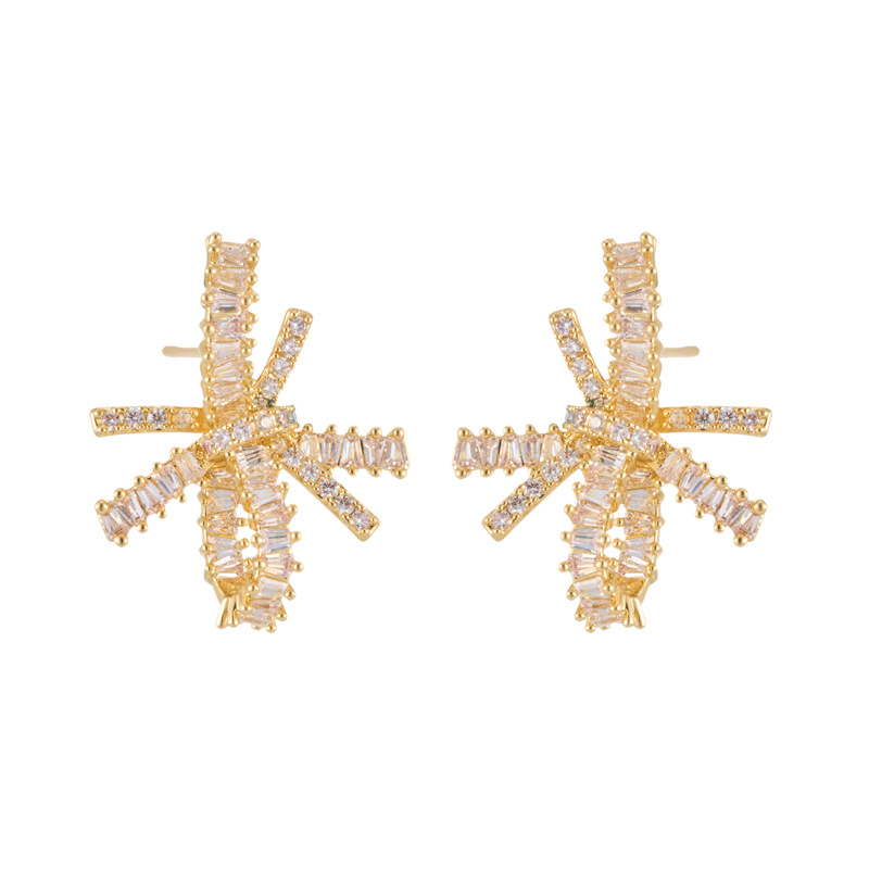 Light luxury and high-end bow stud earrings, copper alloy, real gold electroplated, square zirconium s925 silver needle, versatile commuting earrings Item Picture