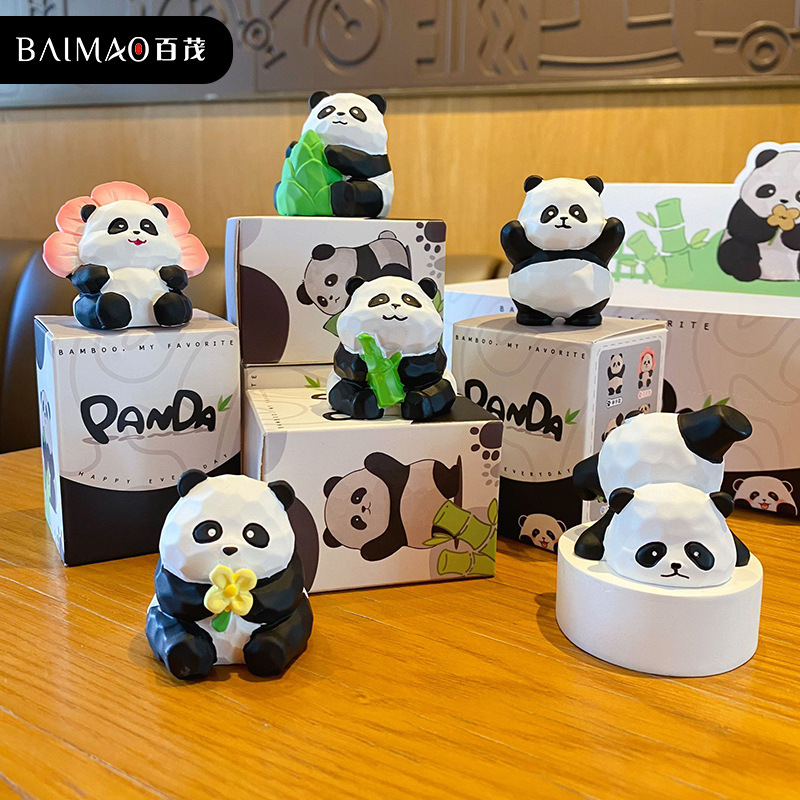 百茂原创树脂木雕风熊猫摆件创意精致熊猫花花家居桌面装饰品摆饰