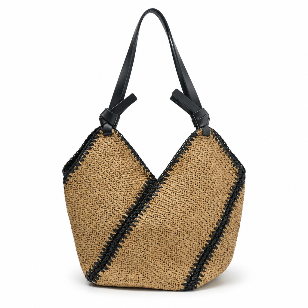 Cross-border straw weaving bag, striped straw weaving bag, women's hand-stitched woven bag, large-capacity commuting single-shoulder tote bag, vacation beach bag, women's bag, straw weaving bag Item Picture