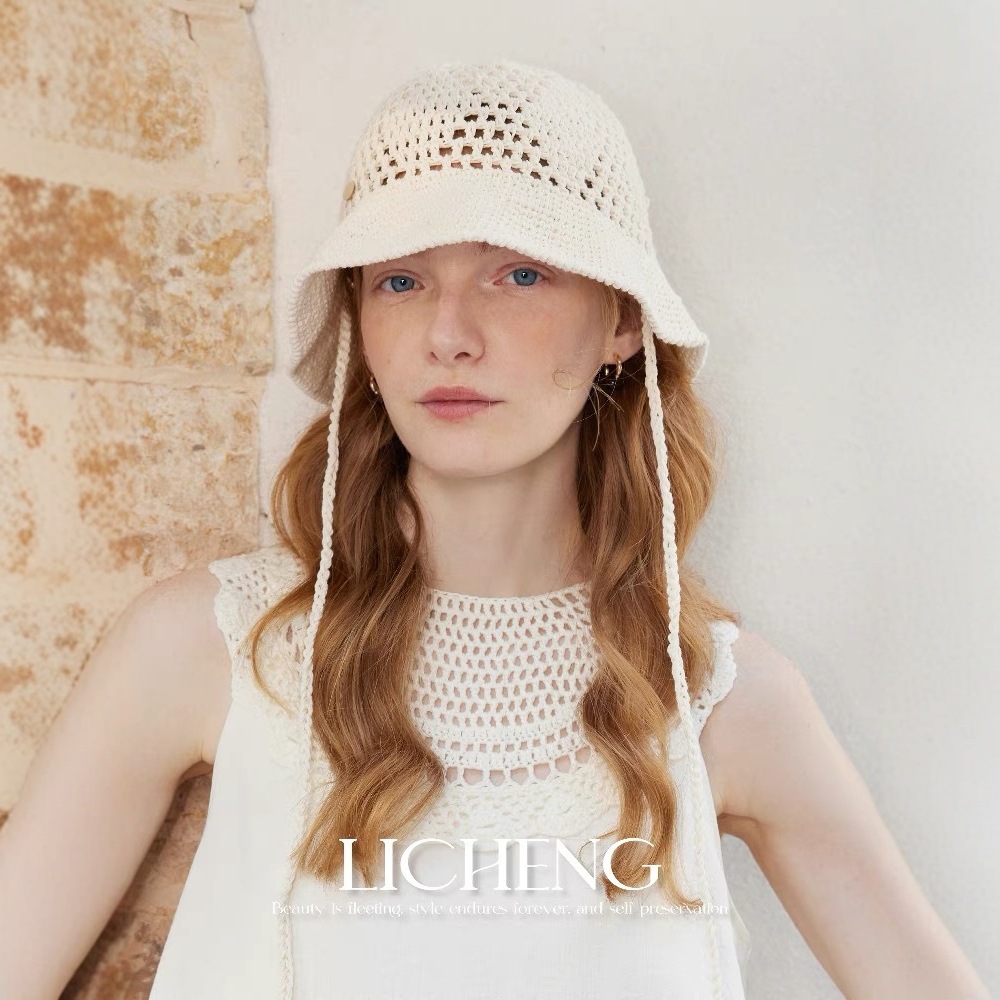 Korean-style hand-hooked, hollowed-out woolen fisherman's hat, fashionable and versatile for women, breathable bucket hat, face-enhancing small basin hat, headpiece hat
