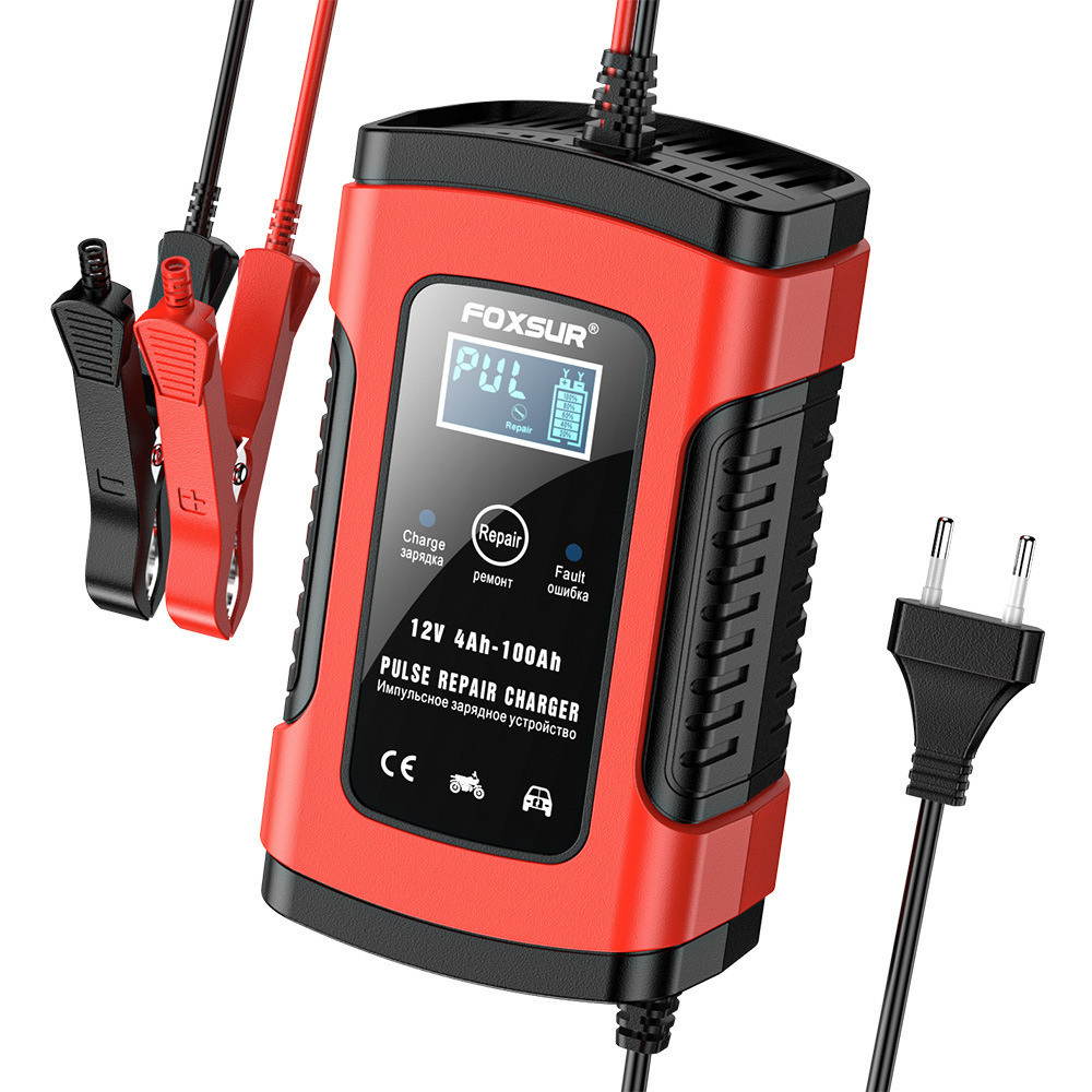 跨境 12V 电池充电器  铅酸电瓶智能充电器 干电池湿电池充电白底实物图