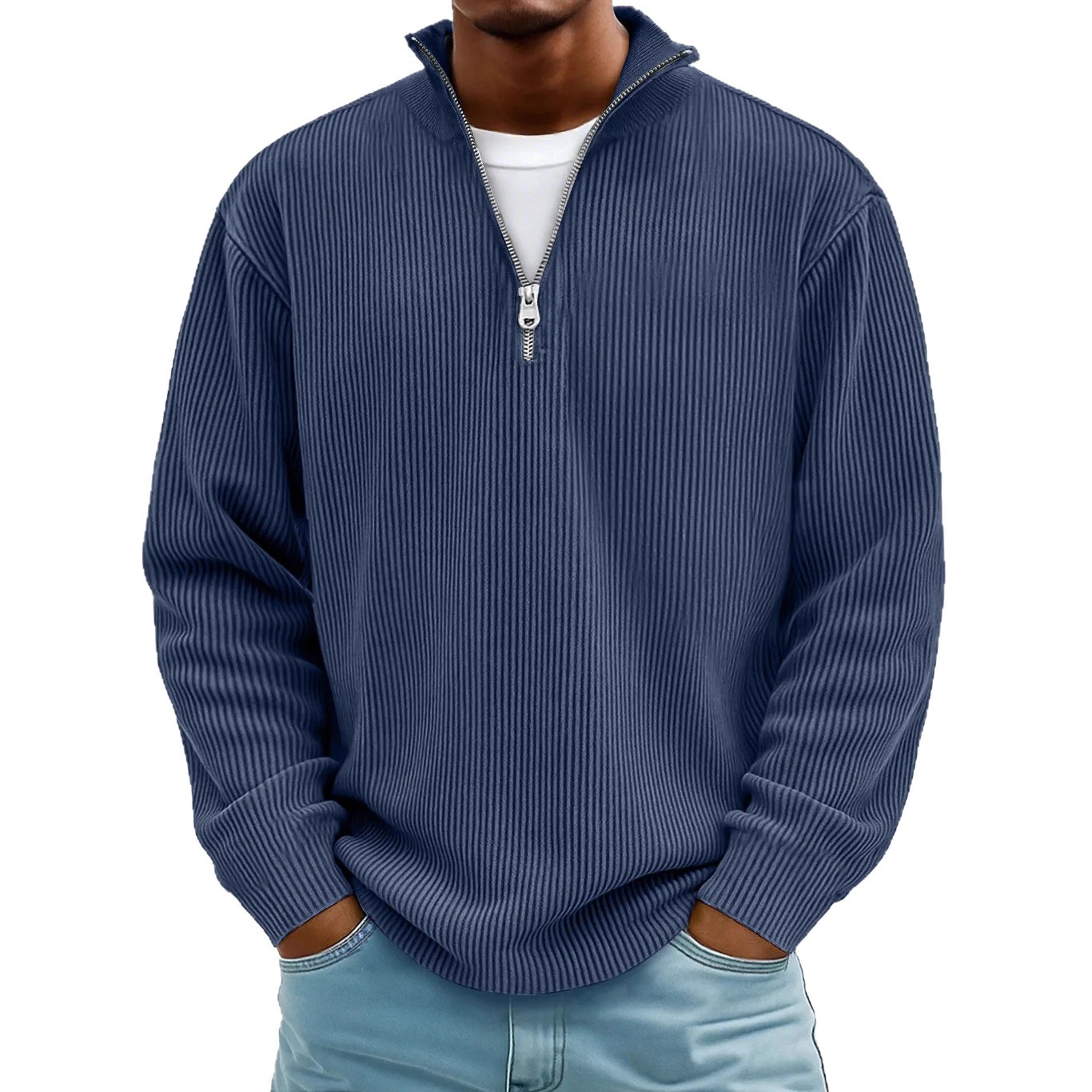 Amazon's new men's casual stand-up collar zipper corduroy long-sleeved polo shirt and hoodie for autumn/Winter 2026 Specification drawing