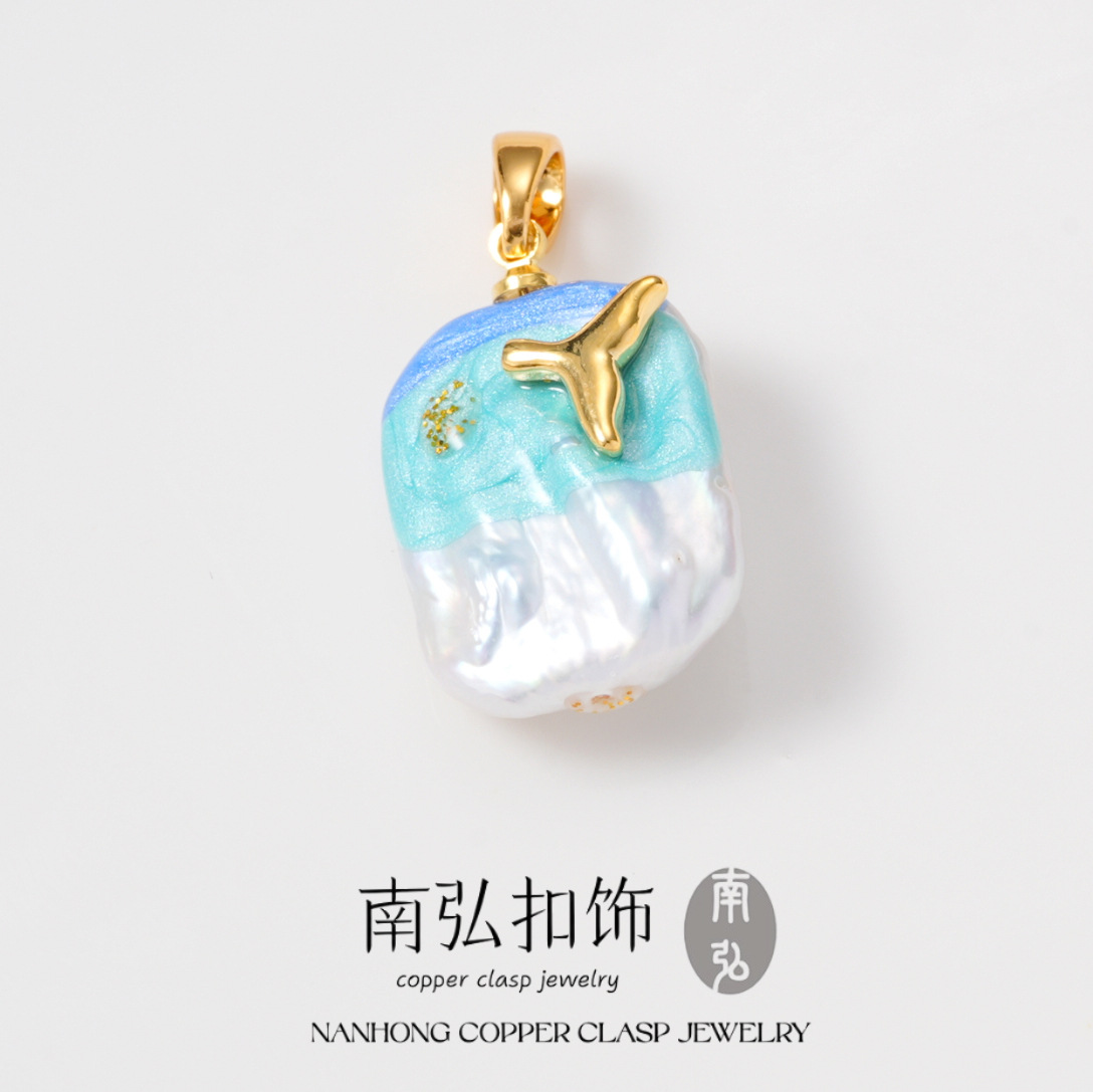 Marine oil painting style Baroque pearl pendant, 18k copper plated with real gold, color retention, high-end DIY accessory