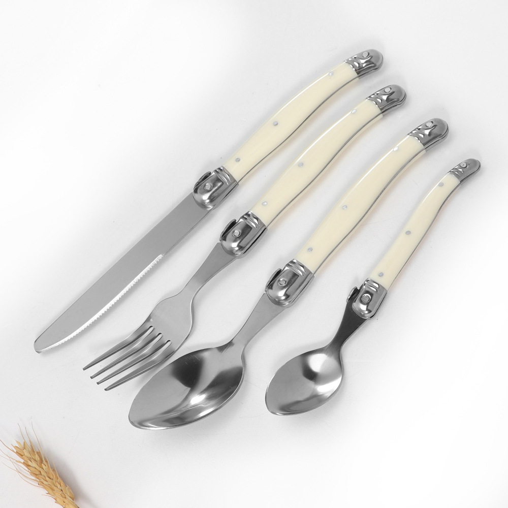 Stainless steel knife, fork and spoon set with milky white plastic handle, steak knife, steak fork and spoon, steak and Western tableware for home use Specification image