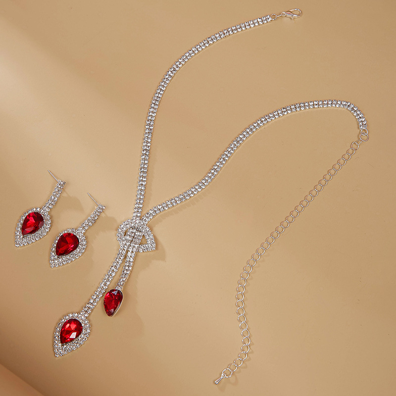 Factory direct sales of European and American fashionable wedding banquet bride wine red simple set, wedding necklace, earrings and jewelry Specification image