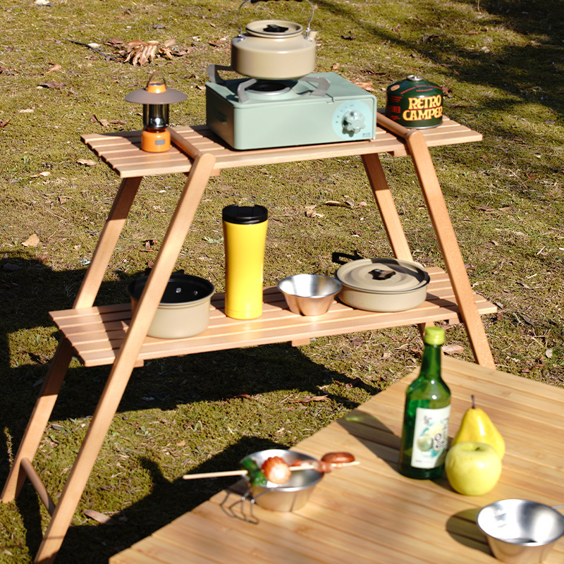 户外置物架露营双层收纳架子实木三角挂架烧烤野餐储物架多功能桌