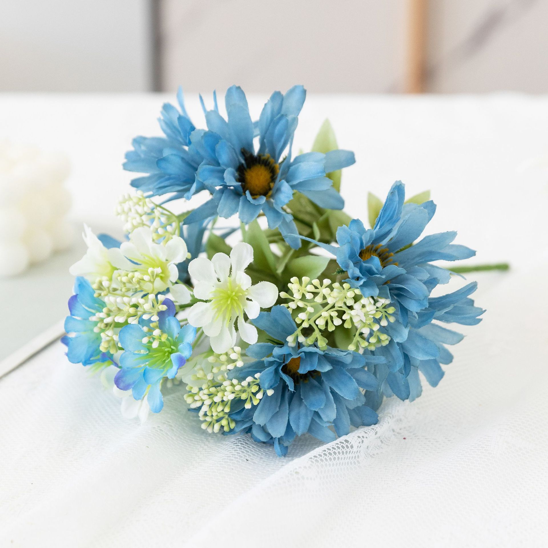 百花邦17头蓝色小雏菊仿真花束 韩式洋甘菊家居软装摆件 假花装饰