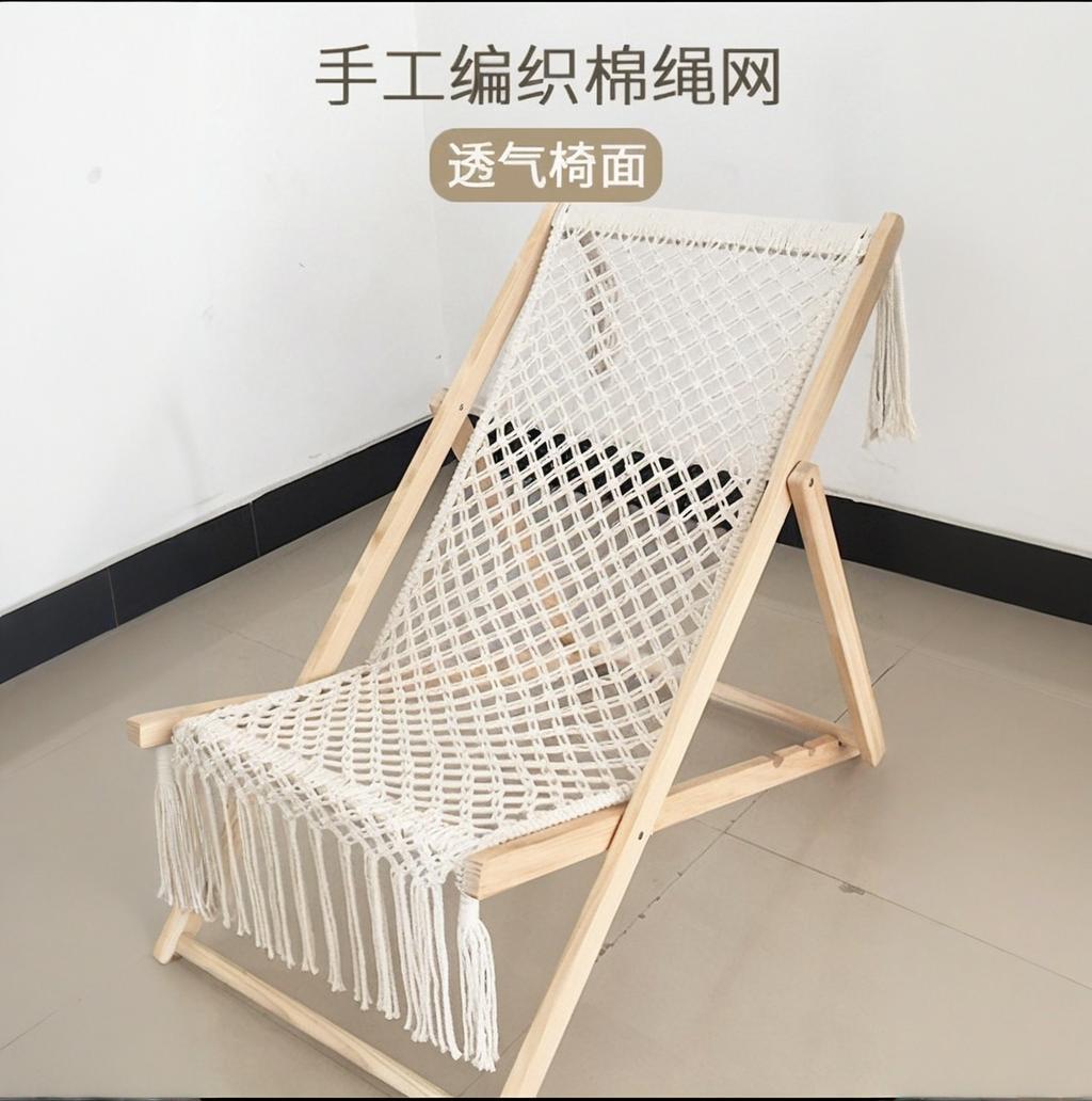 Solid wood beach chair, outdoor camping folding chair, hand-woven cotton rope detachable, living room midday rest tassel lounge chair details Picture