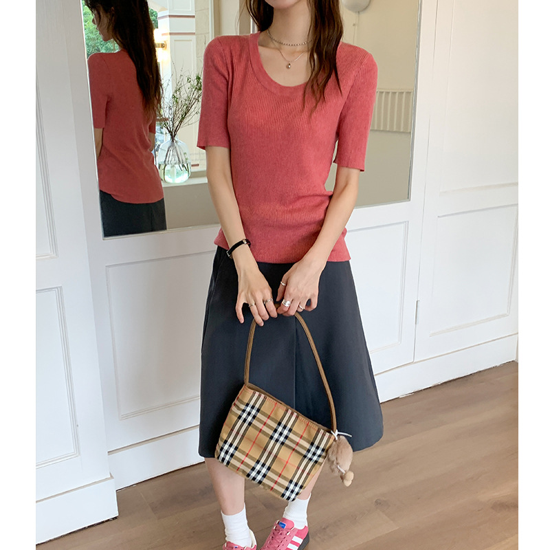 U领冰丝针织衫短袖女修身夏季基础短款T恤上衣2025新款白底实物图