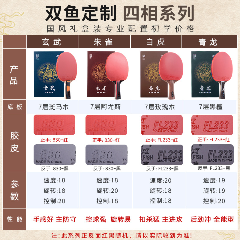 "Double Fish 8-star table tennis racket for beginners, a set of professional high-bouncing table tennis rackets with Chinese style. Genuine product. details Picture