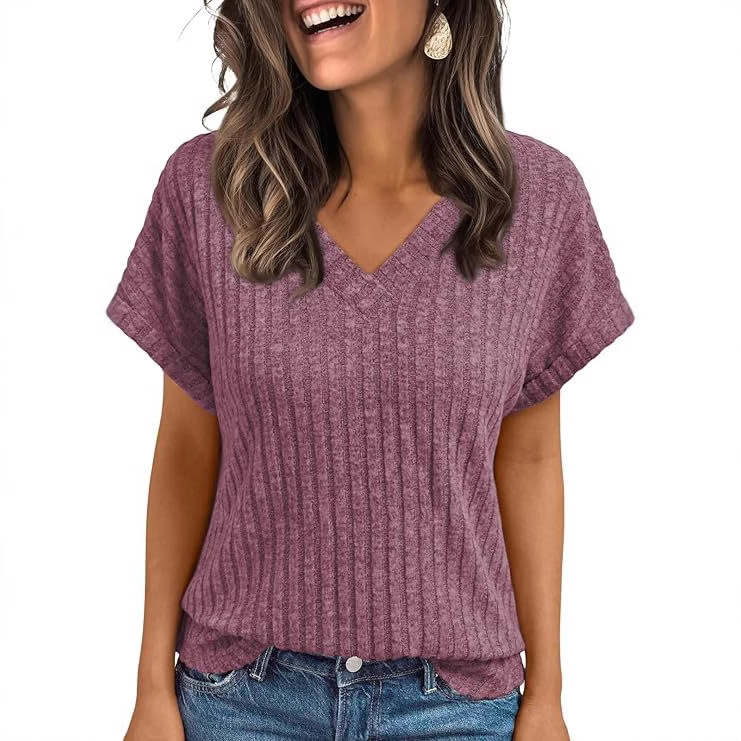 2025 European and American Cross-border summer top Women's short-sleeved casual V-neck pullover T-shirt full figure