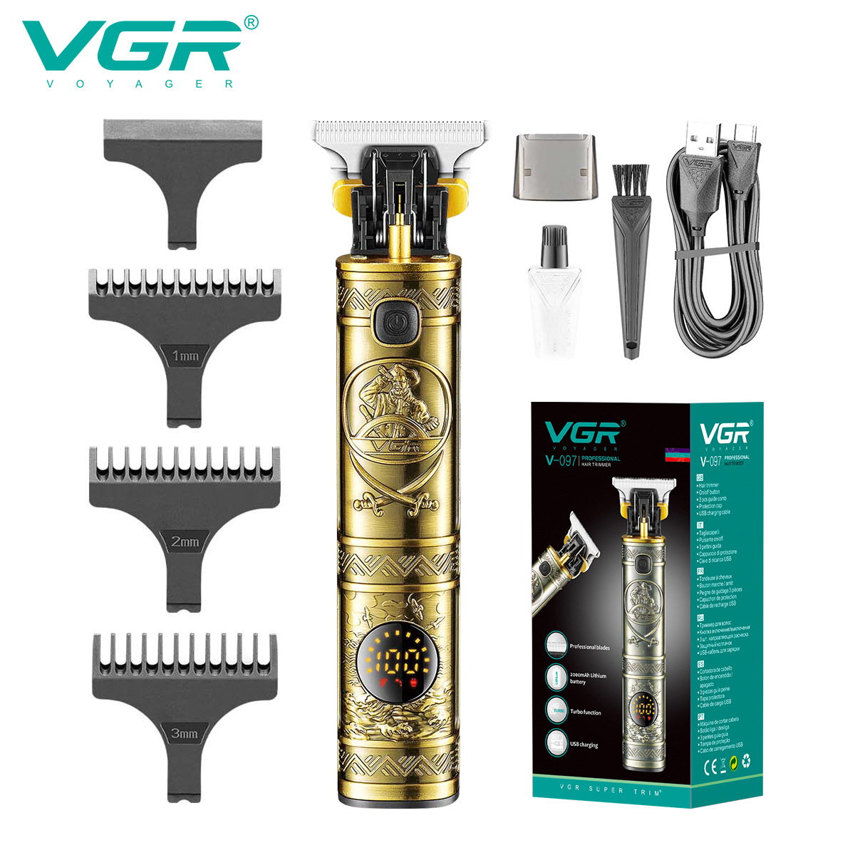 VGR097 Cross-border metal oil head Retro engraved Hair clipper, LCD digital display T-shaped electric hair clipper, electric clipper