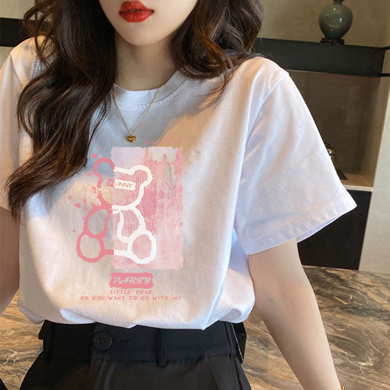 Pure cotton bear short-sleeved T-shirt for women's summer 2026 new style, Harajuku design sense, niche white half-sleeved T-shirt, trendy on Instagram full figure