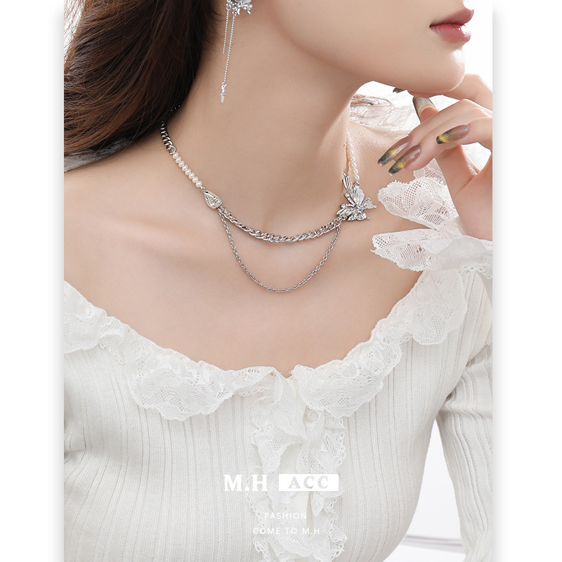 Original silver butterfly necklace, women's light luxury and niche design sense collarbone chain, fashionable ins cold style pendant wholesale Specification image