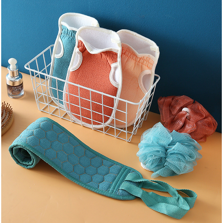 Three-piece set of bath, scrubbing towel, bath ball, long bath strip, back pull strip, back scrubbing towel, back scrubbing gloves and bath flower set