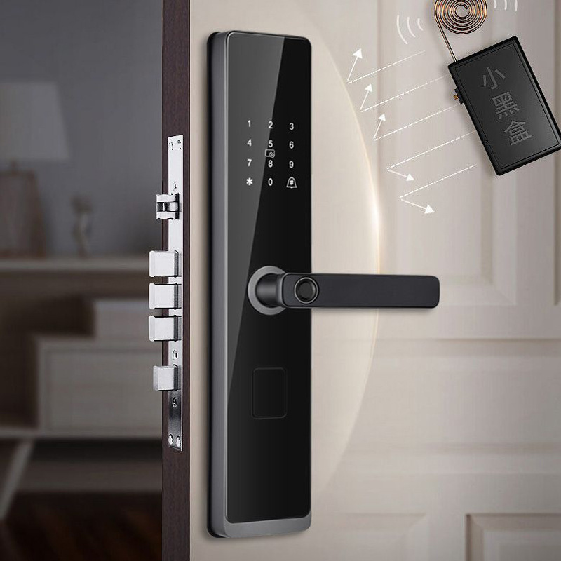 The black smart door lock is equipped with a digital keyboard, fingerprint recognition and a green circular indicator light handle Specification image