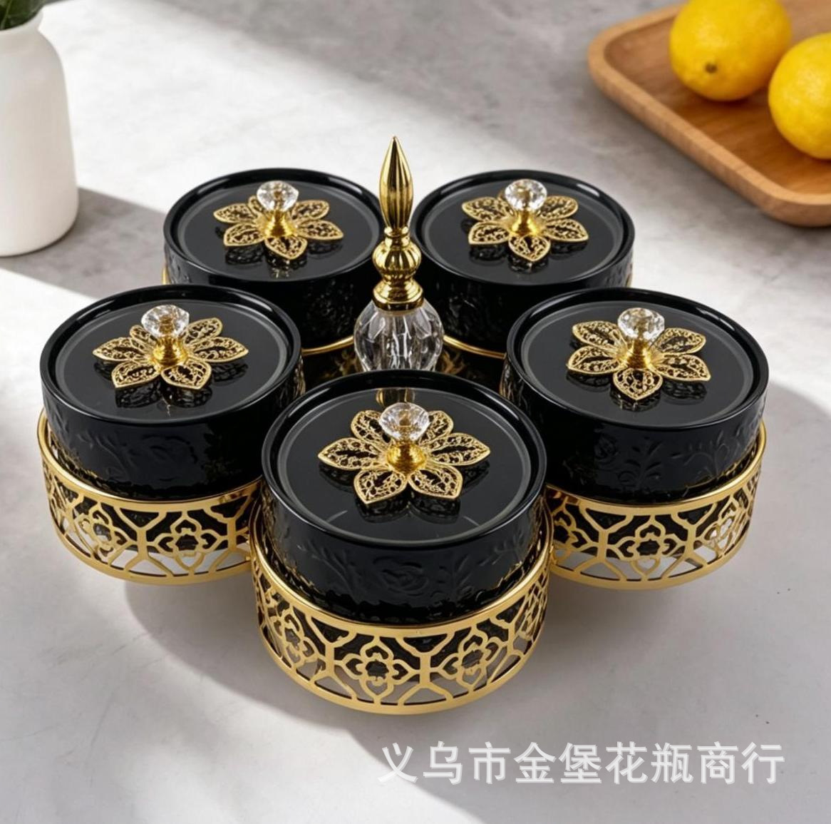 Light luxury 5-compartment rotating ceramic dried fruit box with lid, carved gold edge, nut storage box in multiple colors, suitable for home and living room use Specification image