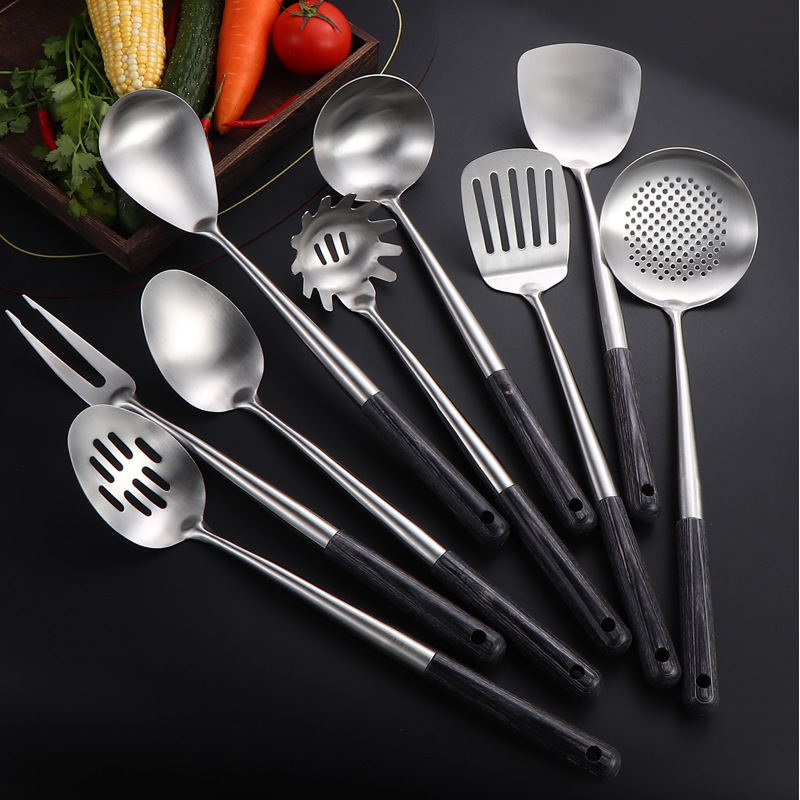304不锈钢黑檀木厨房烹饪工具九件套锅铲汤勺肉叉面捞勺大漏厨具