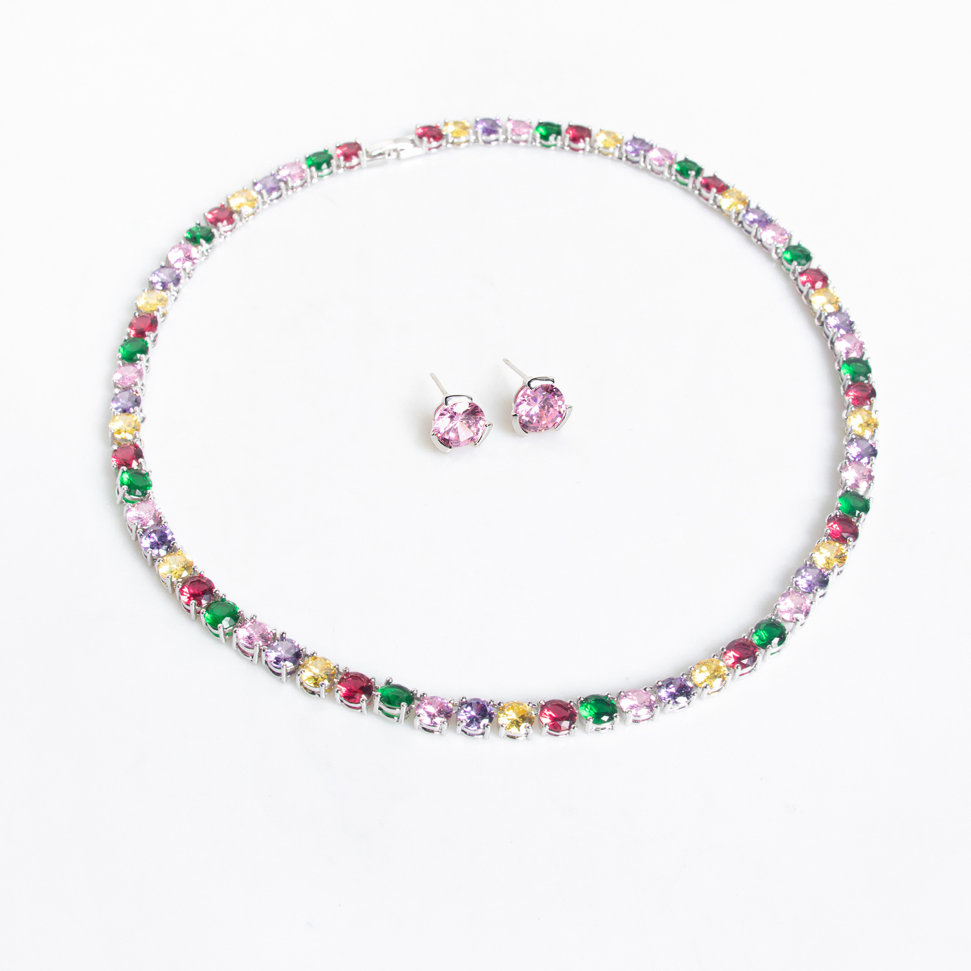 A two-piece set of colorful zircon necklaces for European and American brides, casual and versatile, hip-hop noble stud wedding accessories and earrings Item Picture