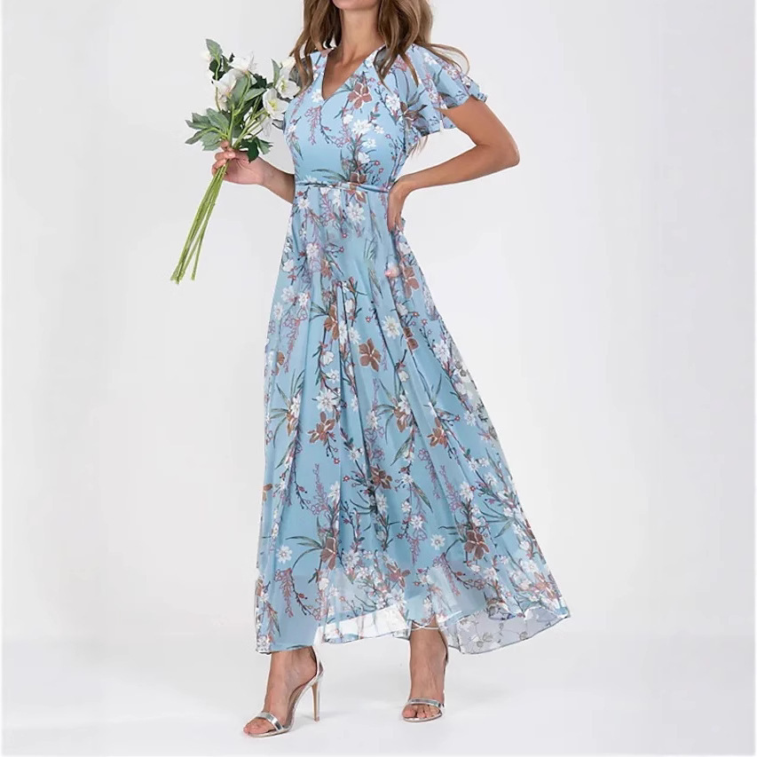 2026 New European and American beach swing long dress, chiffon floral print short-sleeved ruffled V-neck fashionable cinched waist dress full figure