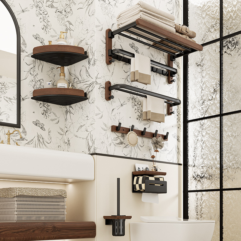 胡桃木卫生间毛巾架免打孔高端浴巾置物架浴室架子洗手间厕所挂件详情图2