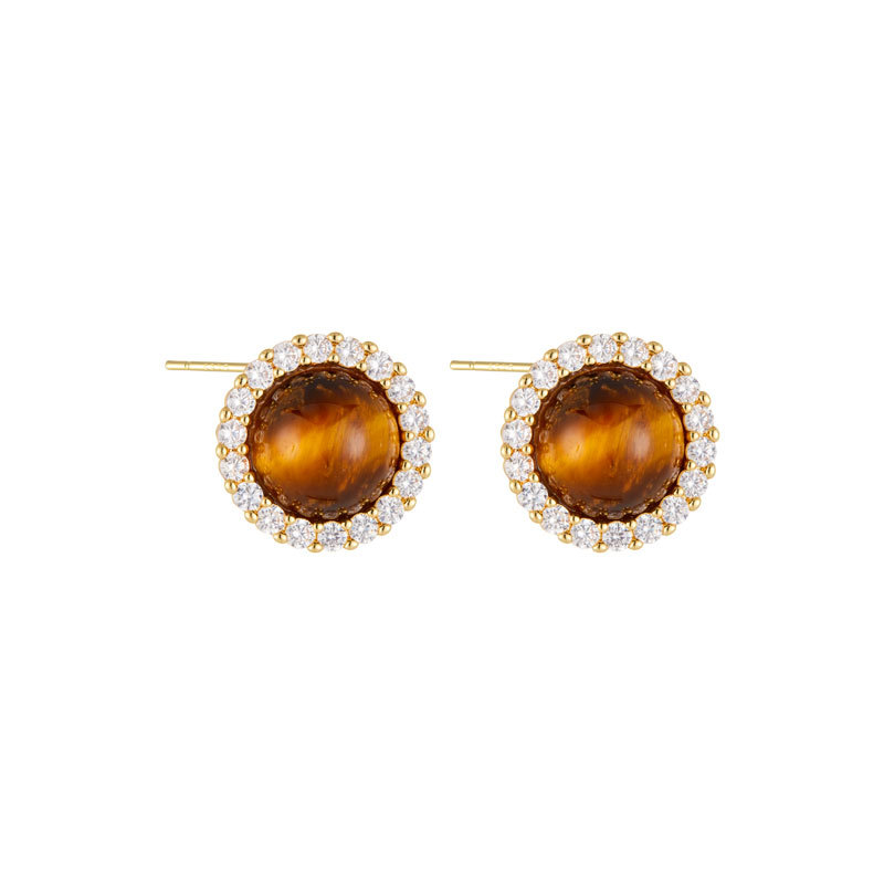 French retro round tiger's eye earrings, copper alloy, real gold electroplated, slightly inlaid zircon s925 silver needle, light luxury earrings Item Picture