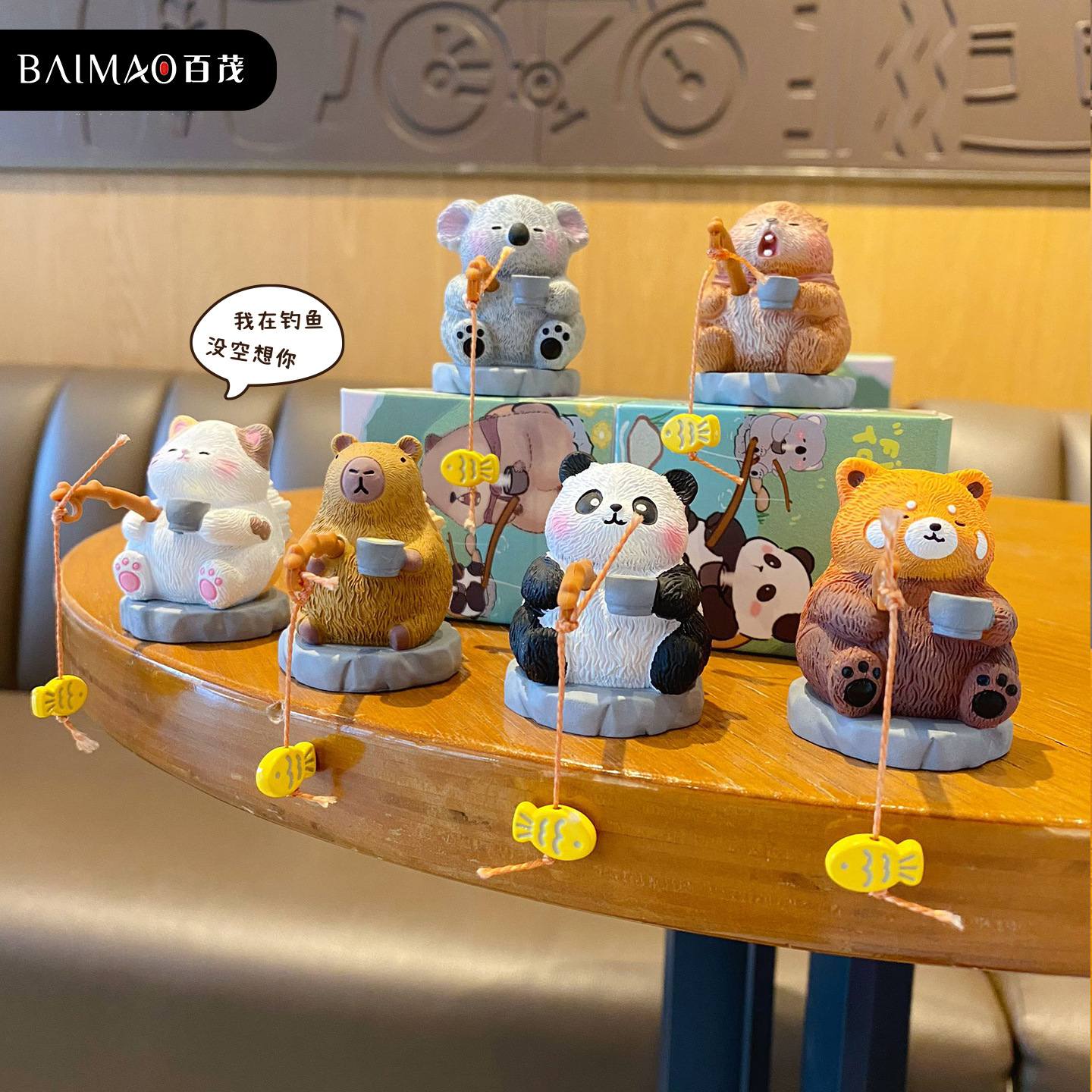 Baimao Original ancient-style fishing cute panda resin small figurines, fun dolls, table decorations and ornaments details Picture