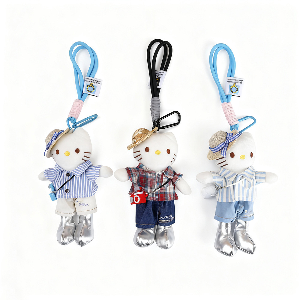New striped long-legged kt cat plush toy pendant, cute style backpack keychain, cartoon dress-up doll pendant Item Picture