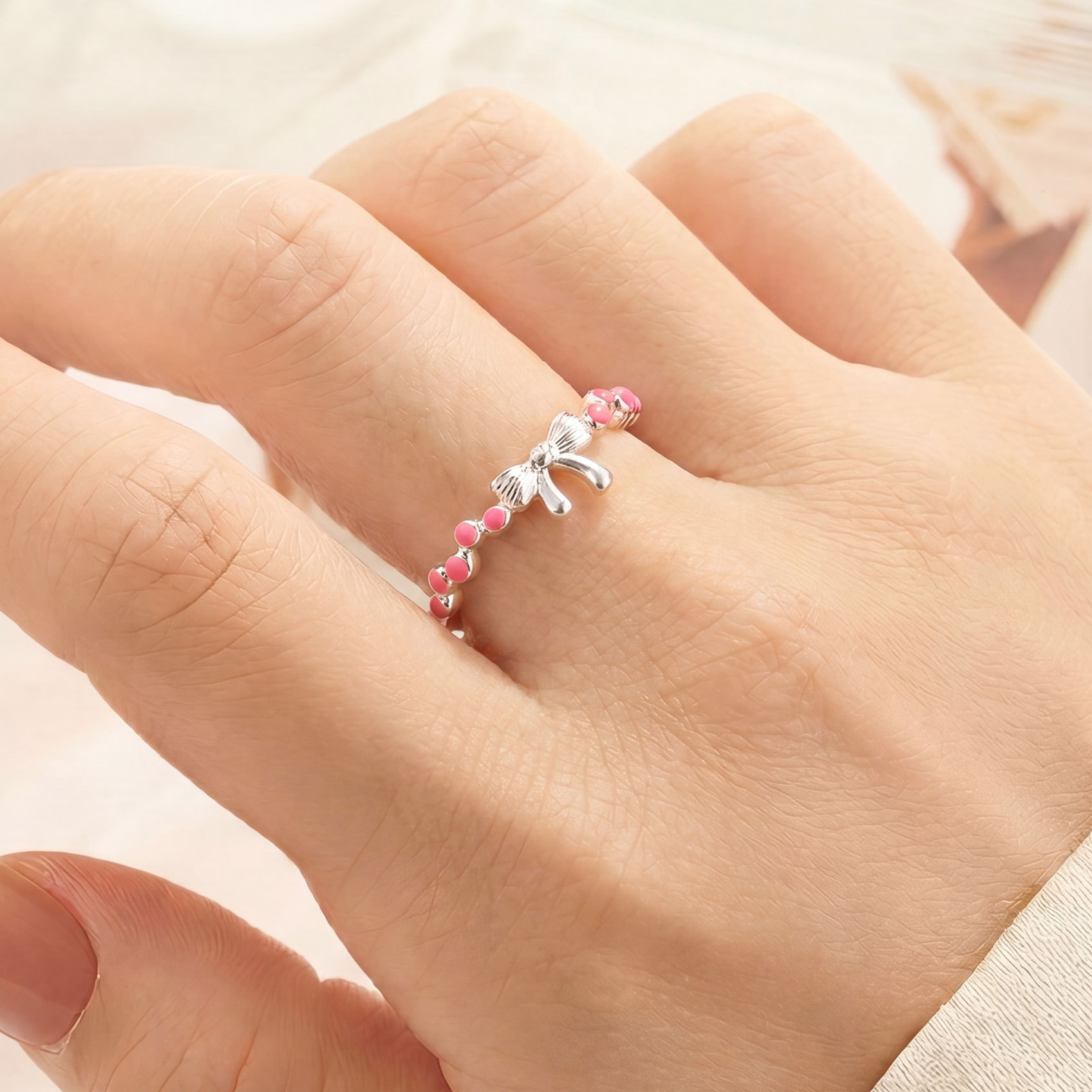 Simple and girlish style bow open ring, copper alloy enamel oil drip adjustable index finger ring bestseller ring ring full image
