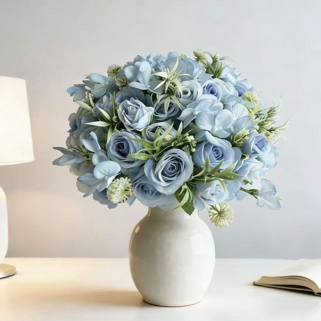 仿真碎冰蓝玫瑰绣球组合花束亚马逊跨境热卖家居装饰假花现货批发