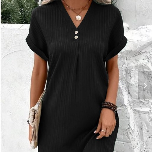 Cross-border European and American women's clothing 2023 new Amazon V-neck solid color pullover comfortable Casual button dress details Picture