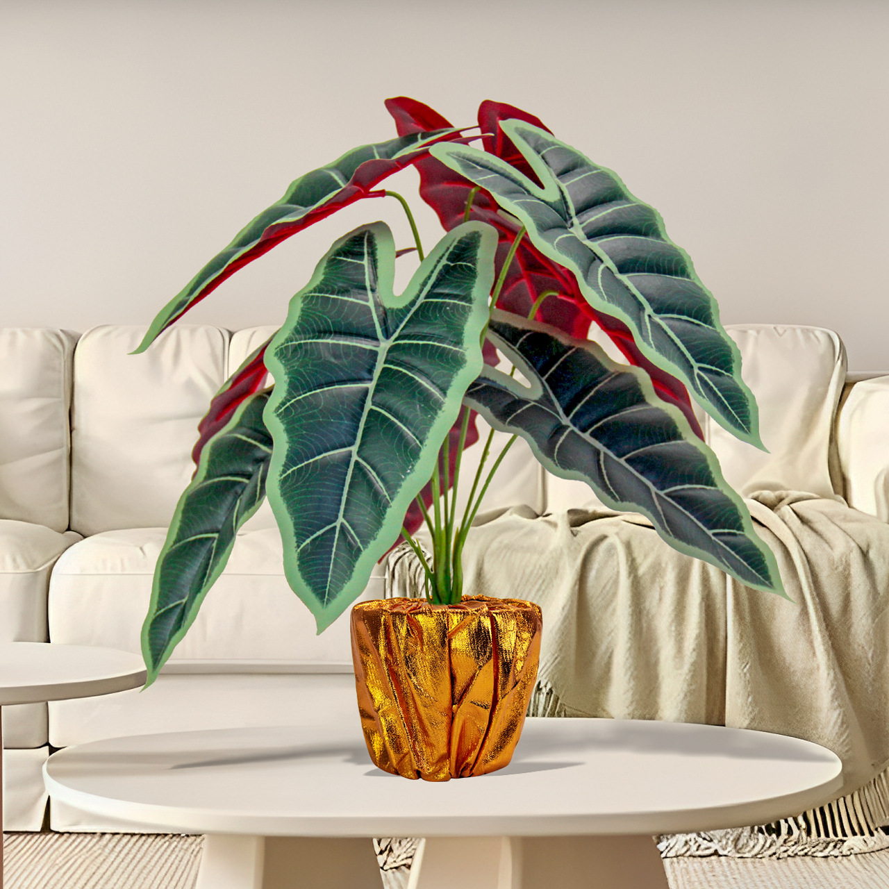 Artificial green plants, such as the lucky taro, are used for restaurant partition decoration, outdoor garden, grassland landscaping, and PVC plastic figures Application Scenario