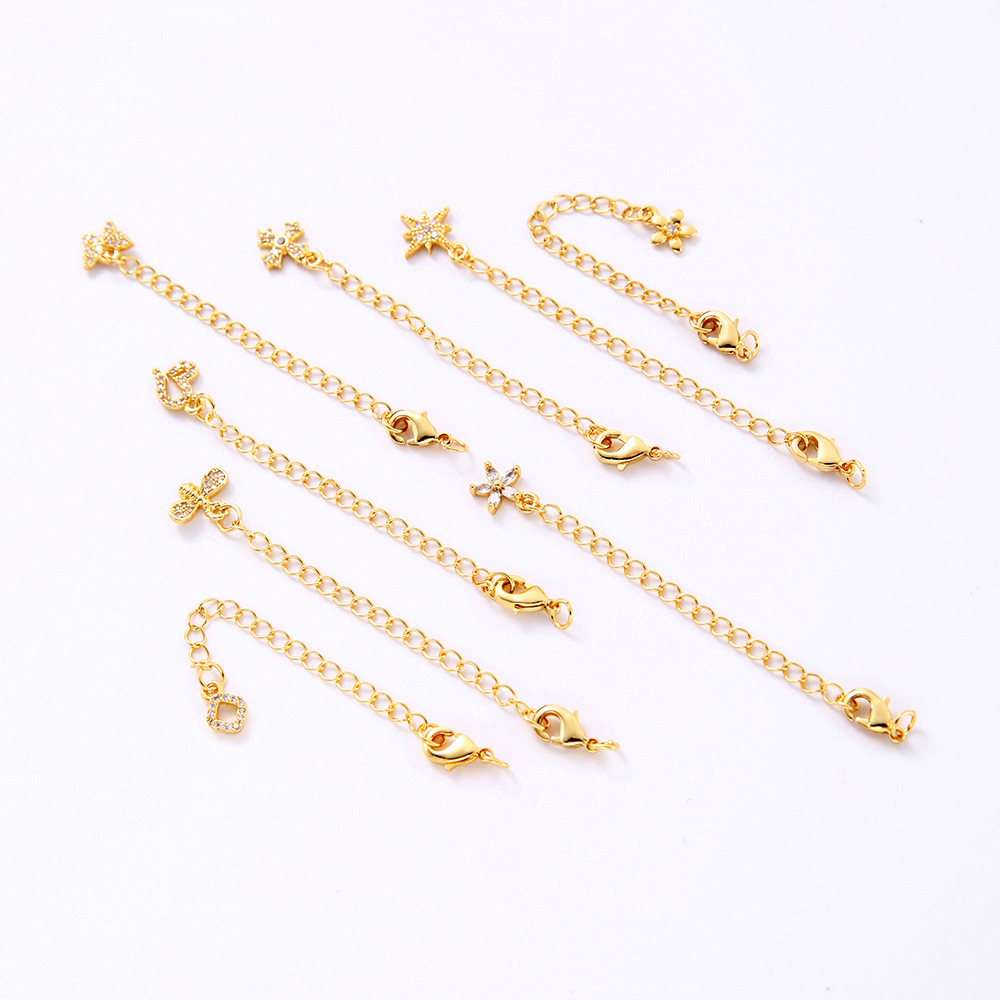 强保色18K包金镶锆石桃心四叶草芒星小花水滴尾链diy首饰品延长链