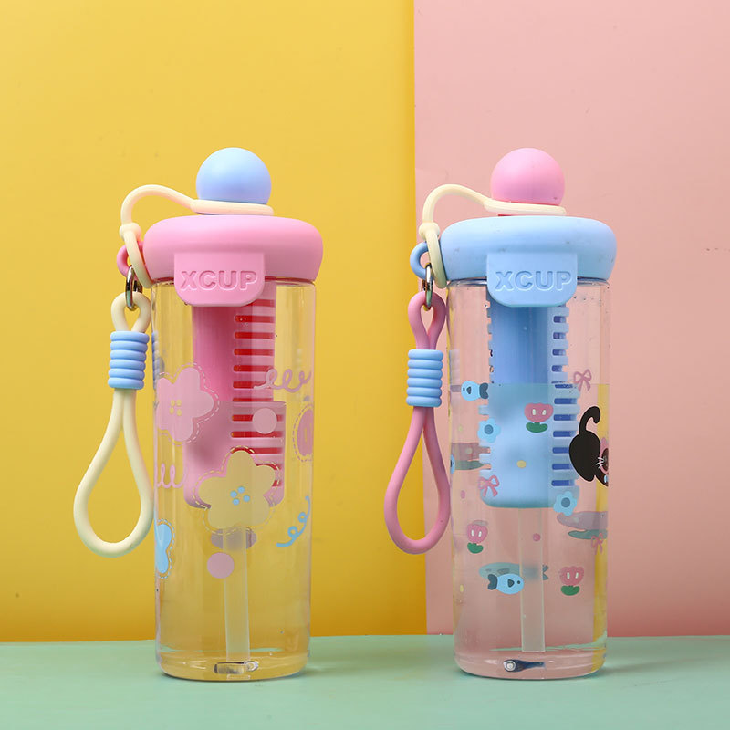 2024 New cartoon large-capacity straw cup, tea-water separation brewing cup, outdoor sports plastic water cup with handle rope details Picture
