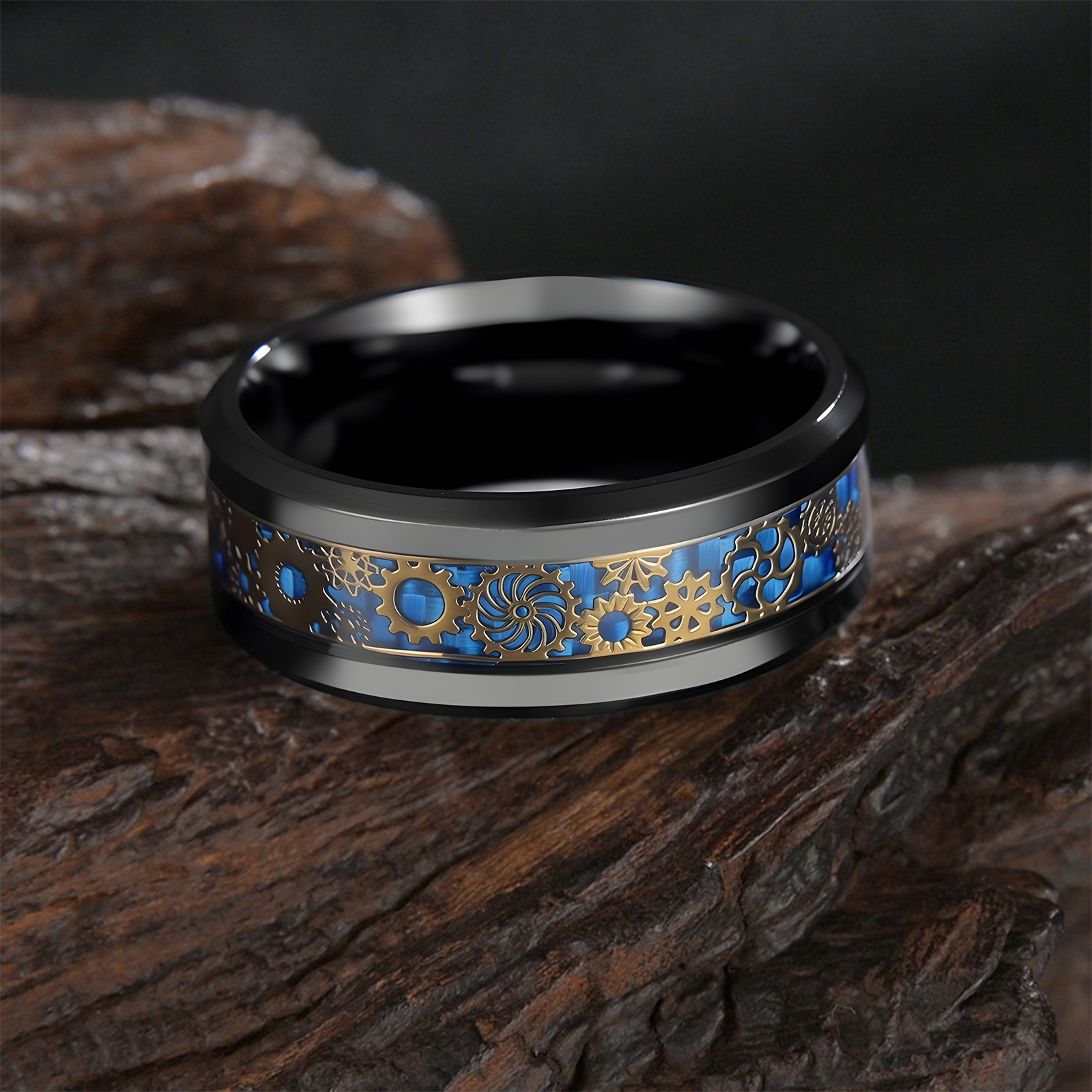 Cross-border Amazon source 8MM black-coated carbon fiber men's titanium steel gear ring steampunk style jewelry details Picture