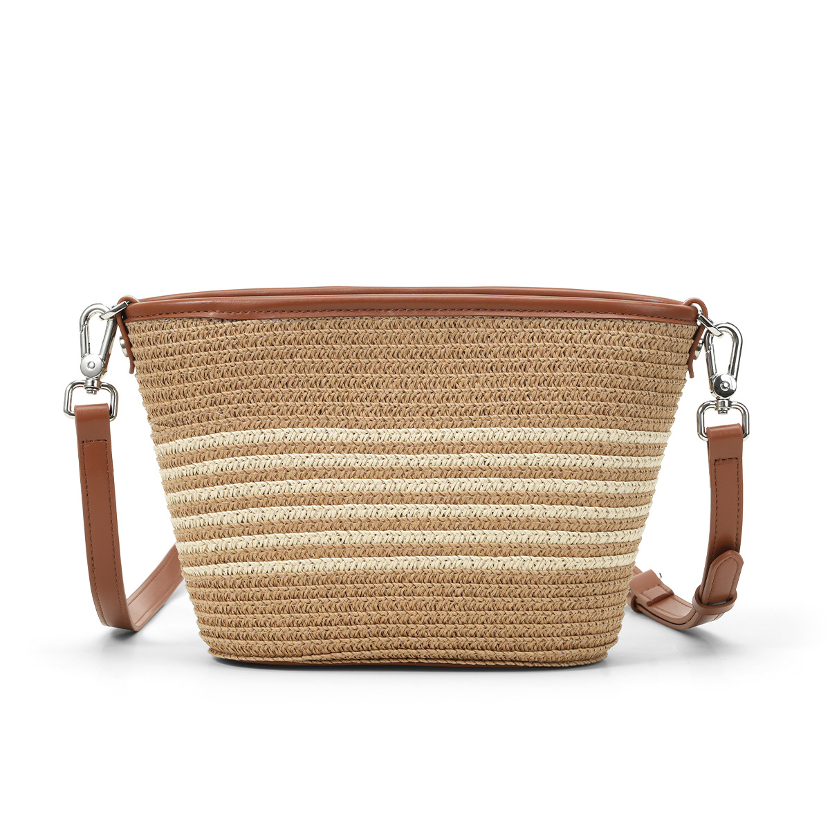 Cross-Border Straw Weaving Bag, Niche Straw Weaving Bag, Striped Weaving With Leather Crossbody Bag, Fashionable And Versatile Bucket Beach, Single-Shoulder Tote Zipper, Ins Handcrafted Straw Weaving Bag Item Picture