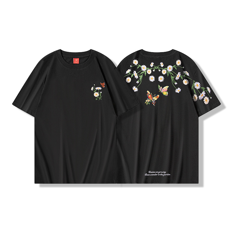 2026 National Trend short-sleeved T-shirt, butterfly light change embroidery, Chinese style, round neck, pure cotton loose half-sleeve, national trend summer Item Picture
